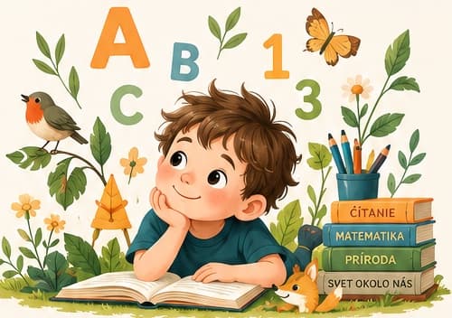 Chlapec leží nad knihou, okolo neho písmená, čísla, kvety a knihy s nápismi čítanie, matematika, príroda